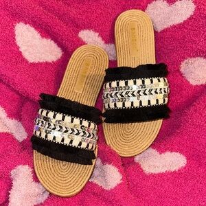 BAMBOO Black and Tan Embellished Sandals